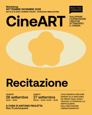 Cosa significa recitare davanti alla macchina da presa? Quali sono i trucchi, le tecniche e le particolarità della recitazione cinematografica? Un laboratorio che vuole offrire un primo sguardo pratico e guidato sul linguaggio della recitazione, per capire come funziona… provandolo. Durante la prima giornata affronteremo le basi teoriche e tecniche del lavoro attoriale: il respiro, la voce, la dizione, l’analisi del testo e il lavoro sul personaggio. Scopriremo alcuni tra i principali metodi di recitazione sviluppati nel tempo, osservandone differenze e punti di contatto. La seconda giornata sarà dedicata alla pratica: l3 partecipanti lavoreranno davanti alla macchina da presa su scene tratte da film e serie TV. Sarà l’occasione per mettere in gioco quanto appreso, confrontarsi con il linguaggio e i tempi del set, e ricevere indicazioni personalizzate.  venerdì 26 settembre (14:30 – 18:30) e sabato 27 settembre (09:00 – 13:00 / 14:30 – 18:30)